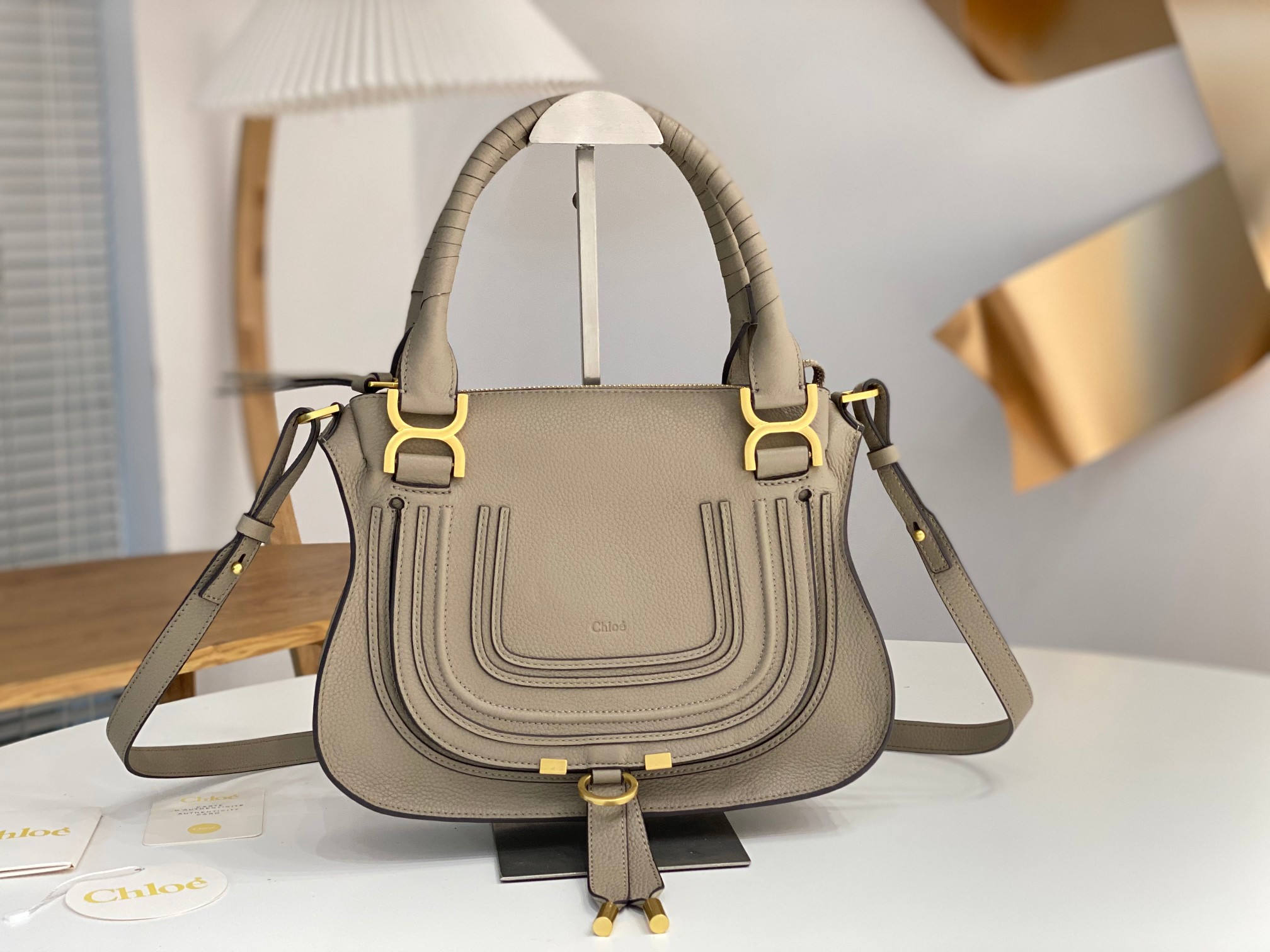 Chloe Small Marcie Bag In Grey Grained Leather